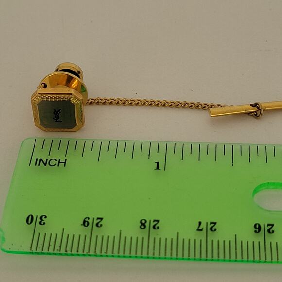 Yves Saint Laurent YSL Tie Necktie Pin Silver Gold Tone Logo Square Vintage - Picture 5 of 6